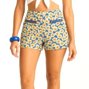 E HANGER M Blue Yellow Daisy Floral Stretch Shorts Zip Front Detail Size Medium